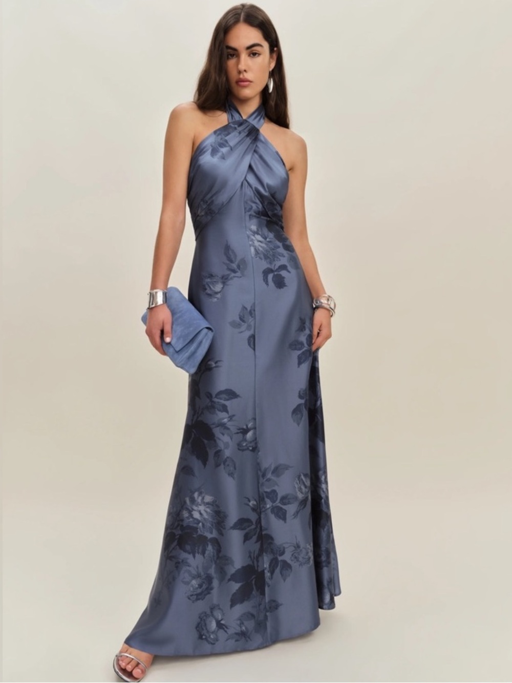 Reformation Veria Silk Maxi Dress Blue Floral Jacquard Halter Gown